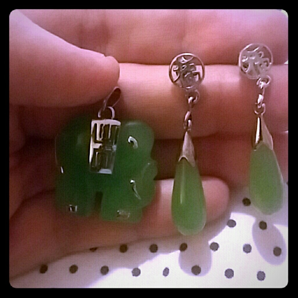 Elephant real Jade pendant with real Jade earring